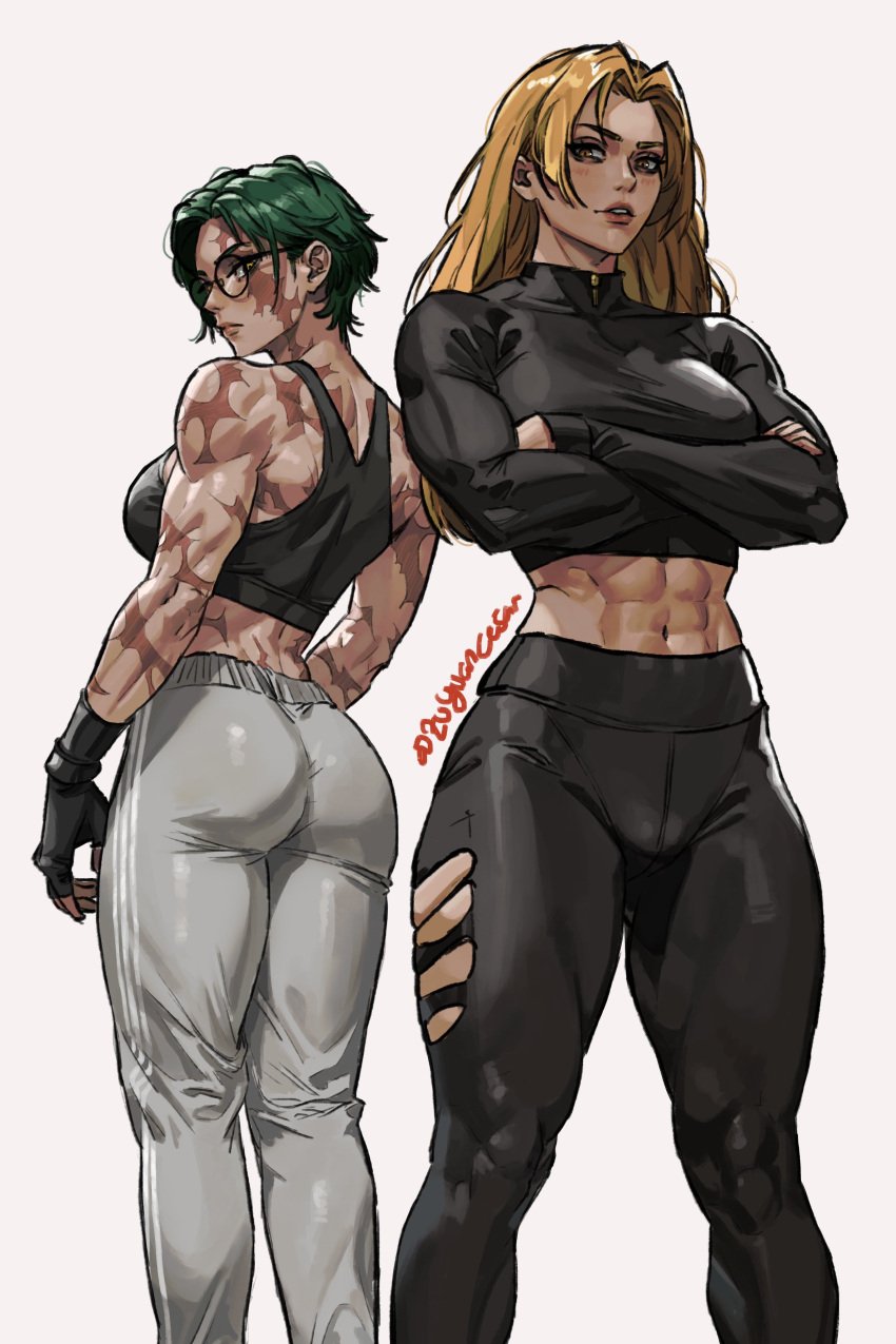 abs arms_crossed back_to_back back_to_viewer blonde blonde_hair blonde_hair_female burn_scar glasses green_hair gym_clothes jujutsu_kaisen long_hair looking_back midriff muscular muscular_female scar short_hair tank_top thick_thighs white_background yuki_tsukumo zenin_maki zuyuancesar