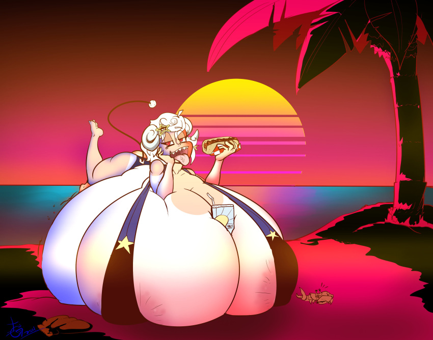 1girls beach belly bikini breasts female hot_dog hyper_breasts massive_breasts muzu_nomi red_eyes tanline thegoodsinner virtual_youtuber white_hair