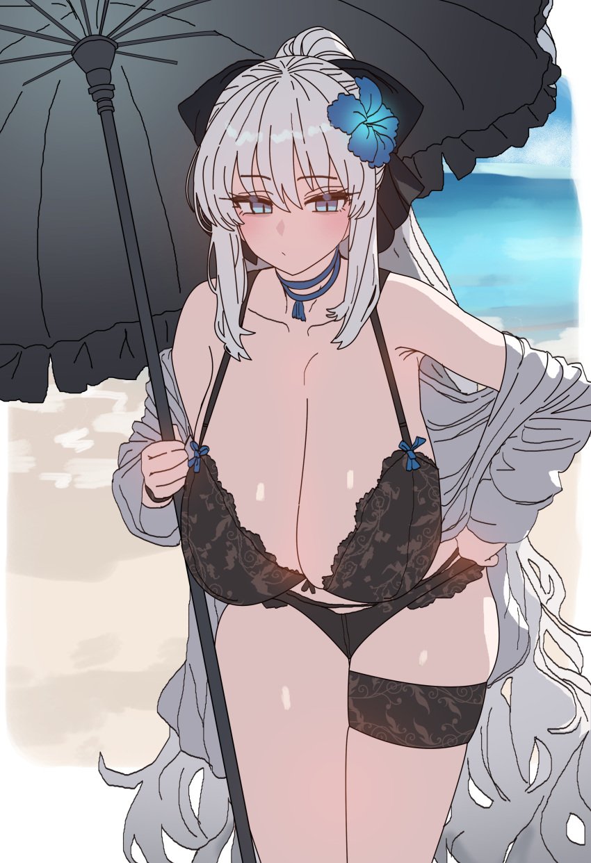 1girls beach beach_umbrella blue_eyes bra breasts cleavage ebora fate/grand_order fate_(series) female huge_breasts light-skinned_female light_skin lingerie long_hair morgan_le_fay_(fate) naughty_face panties solo thick_thighs thigh_strap underwear white_hair wide_hips youngmanisdown