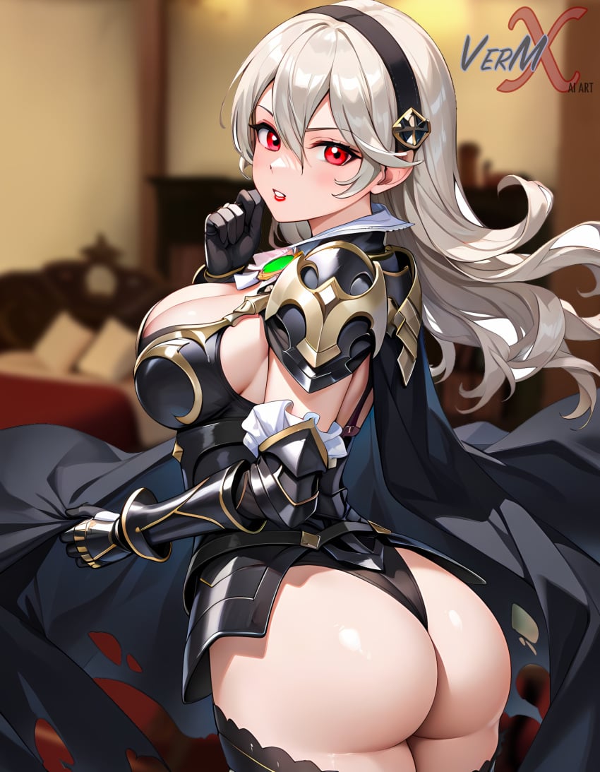 ai_generated armor armored_female big_ass big_breasts big_butt blurry_background cape cleavage corrin_(fire_emblem) corrin_(fire_emblem)_(female) female female_focus female_only fire_emblem fire_emblem_awakening fire_emblem_heroes hairband huge_ass huge_breasts huge_butt large_ass large_breasts large_butt long_hair looking_at_viewer looking_back nintendo presenting_hindquarters red_eyes textless textless_version thong vermadis2x voluptuous voluptuous_female white_hair