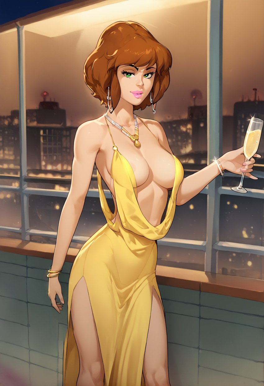 ai_generated april_o'neil april_o'neil_(tmnt_1987) brown_hair champagne_glass cocktail_dress dress female green_eyes lewdrose revealing_clothes revealing_clothing revealing_outfit teenage_mutant_ninja_turtles yellow_clothing