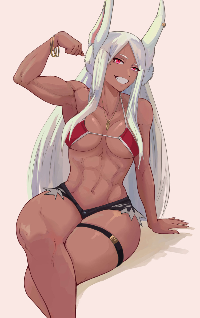 1girls abs absurdres animal_ears arm_up armpits bikini bikini_top_only black_shorts boku_no_hero_academia bracelet breasts carrot_necklace clenched_hand collarbone crossed_legs dark-skinned_female dark_skin earclip exposed_pocket feet_out_of_frame feindall female fit_female flexing grin highres jewelry large_breasts long_eyelashes long_hair looking_at_viewer miruko muscular_female my_hero_academia navel necklace parted_bangs rabbit_ears rabbit_girl red_bikini red_eyes rumi_usagiyama shadow short_shorts shorts simple_background sitting smile solo stomach swimsuit thick_thighs thigh_strap thighs toned_female very_long_hair white_hair