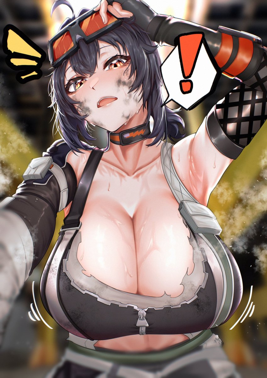 ! 1girls armpits big_breasts black_hair breasts busty cleavage curvaceous curvy curvy_body curvy_female curvy_figure dirty female grace_howard huge_breasts iindoagorira large_breasts looking_at_viewer mechanic motion_lines voluptuous zenless_zone_zero