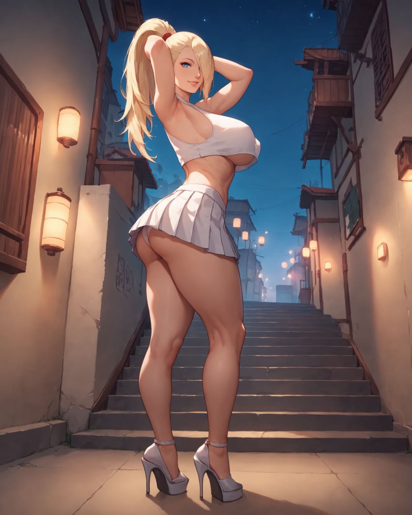 1girls ai_generated alex-schura alley alternate_costume arms_behind_head arms_up ass ass_focus bare_ass bare_shoulders bare_thighs big_breasts blonde_hair blue_eyes blush bubble_ass bubble_butt crop_top curvaceous curvy curvy_body curvy_female curvy_figure dat_ass flower flower_hair_ornament full_body g-string hair_ornament hairpin hanging_breasts heels high_heels hourglass_figure huge_breasts ino_yamanaka large_breasts long_hair looking_at_viewer looking_back looking_back_at_viewer midriff miniskirt nai_diffusion naruto naruto:_the_last naruto_(series) naruto_shippuden no_bra oppai outdoors panties pinup presenting presenting_ass presenting_hindquarters revealing_clothes sagging_breasts shirt skimpy skimpy_clothes skirt sleeveless sleeveless_shirt solo stable_diffusion stairr thick_ass thick_thighs thighs underass underboob very_long_hair voluptuous