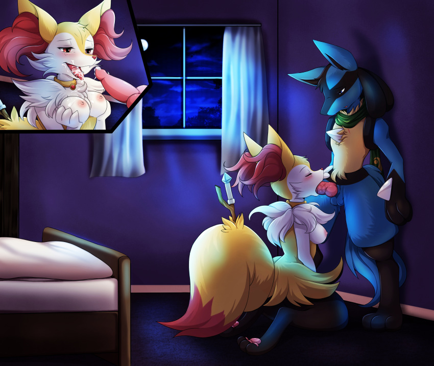 1boy 1girls 2018 animal_genitalia animal_penis anthro anthro_on_anthro bed black_fur blue_eyes blue_fur blush braixen breast_grab breasts canine canine_penis cum cum_in_mouth cum_inside donutella duo facial feet female fox fur furry inside interspecies jewelry kneeling knot lucario male moon mostly_nude necklace night nintendo nipples oral original_character paws penis pokemon pokemon_(species) pokemon_dppt pokemon_xy red_eyes scarf sheath sky spikes standing straight tail testicles thick_thighs video_games window yellow_fur