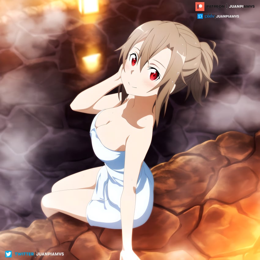 ai_generated brown_hair curvy eydis_synthesis_ten female hair_up juanpi_amvs light onsen patreon patreon_username red_eyes sitting steam sword_art_online towel towel_around_breasts towel_only water watermark