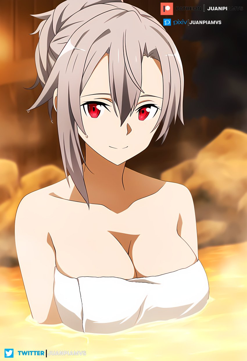 ai_generated brown_hair curvy eydis_synthesis_ten female hair_up juanpi_amvs light onsen patreon patreon_username red_eyes steam sword_art_online towel towel_around_breasts towel_only water watermark