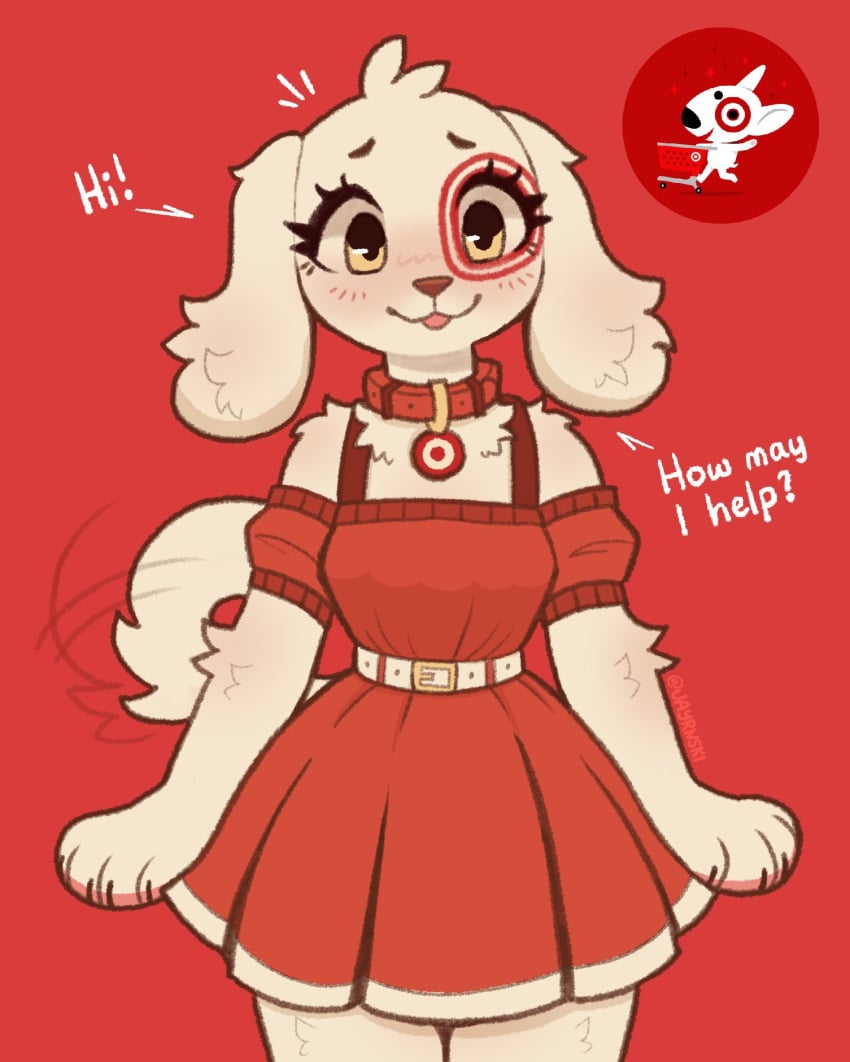 1female adorable anthro canine collar cute female furry jayrnski mascot spot_(jayrnski) tail tailwag target target_corporation target_girl white_fur