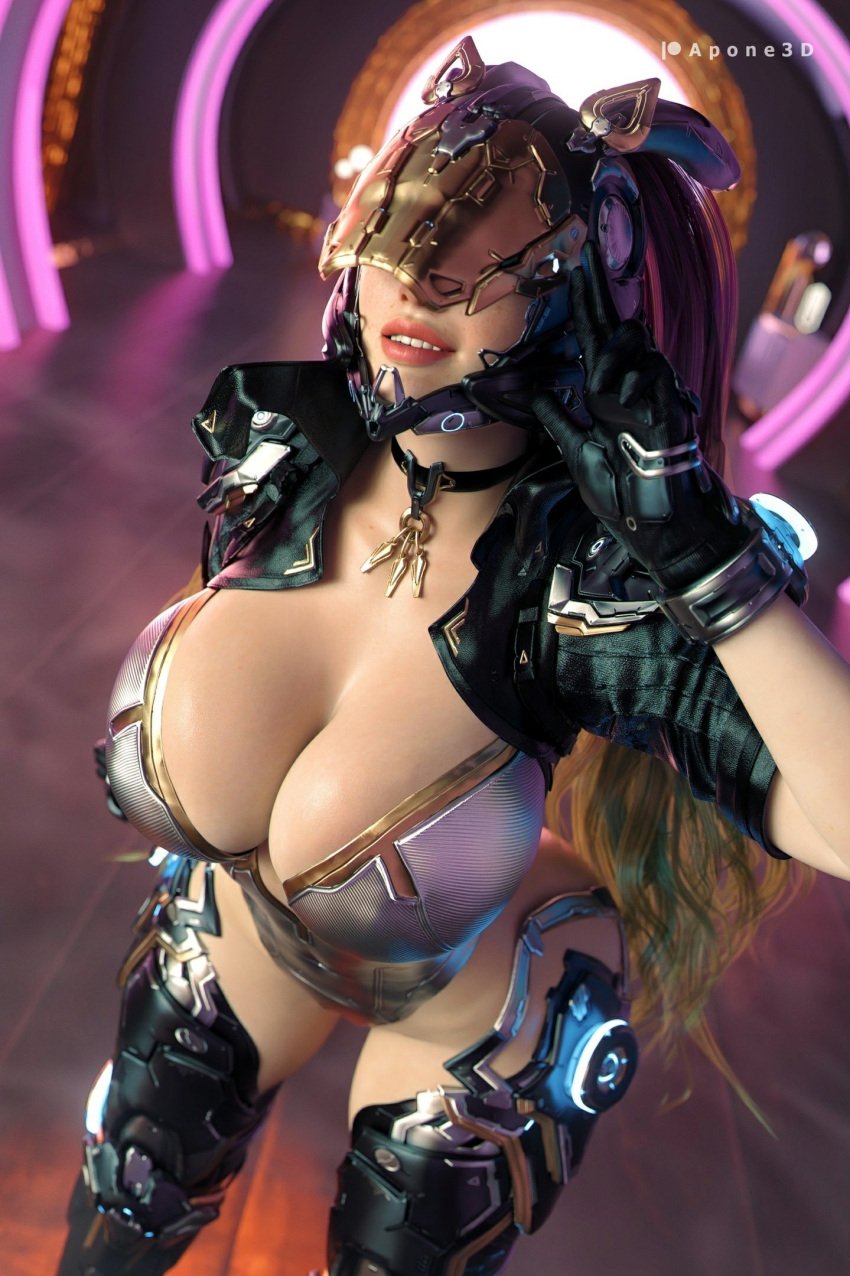 1girls 3d apone3d big_breasts black_gloves black_thighhighs blurry_background bunny_(the_first_descendant) cleavage collar dutch_angle female gloves grin helmet huge_breasts indoors large_breasts leotard silver_leotard smile solo standing the_first_descendant wide_hips