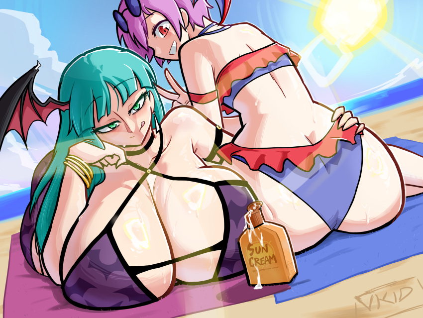 2024 2d 2d_(artwork) 2girls :p artist_name artist_signature ass beach big_ass big_breasts bikini breasts_bigger_than_head capcom cloud darkstalkers dat_ass enormous_breasts eyebrows eyebrows_visible_through_hair eyelashes female female_only gigantic_breasts grabbing grabbing_ass green_eyes green_hair head_wings huge_ass huge_breasts large_ass large_breasts light-skinned_female light_skin lilith_aensland morrigan_aensland multiple_girls nude nude_female partially_clothed partially_clothed_female pink_hair purple_hair red_eyes rings_on_arms self_upload sexually_suggestive shiny_ass shiny_breasts shiny_hair shiny_skin sky smile succubi succubus suggestive sun sun_cream sunglasses sunglasses_on_head sunscreen sweat sweaty_body sweaty_breasts sweaty_butt swimsuit teal_hair teeth teeth_showing v vkid water