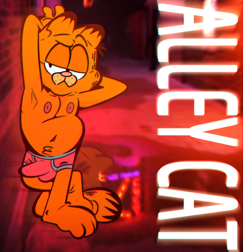2022 alley anthro areola belly biped black_body black_fur briefs bulge clothed clothing detailed_bulge digital_media_(artwork) domestic_cat erection felid feline felis fur garfield_(series) garfield_the_cat genital_outline half-closed_eyes hi_res male male_only mammal multicolored_body multicolored_fur narrowed_eyes neon_lights nipples orange_belly orange_body orange_fur outside paramount_pictures paws,_inc. penis_outline pose red_briefs red_clothing red_underwear slightly_chubby solo the-alfie-incorporated topless two_tone_body two_tone_fur underwear