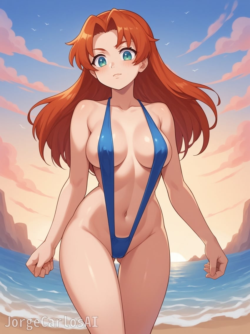 1girls ai_generated ass_visible_through_thighs barely_clothed beach big_breasts bikini blue_bikini blush blush_lines blushed breasts closed_mouth clouds covered_nipples female female_focus female_only gradient_eyes green_eyes jorgecarlosai long_hair mountains mouth_closed navel red_hair sand sling_bikini slingshot slingshot_bikini slingshot_swimsuit sun sunset thighs toned toned_female water watermark wide_hips