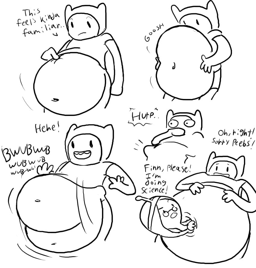 1boy 1boy1girl 1girls adventure_time belly_bulge belly_play black_and_white bouncing_belly cartoon_network cute endosoma female female_prey finn_the_human implied_vore male male_pred mild_concussion navel navel_vore non_fatal_vore princess_bubblegum same_size_vore text vore warner_brothers