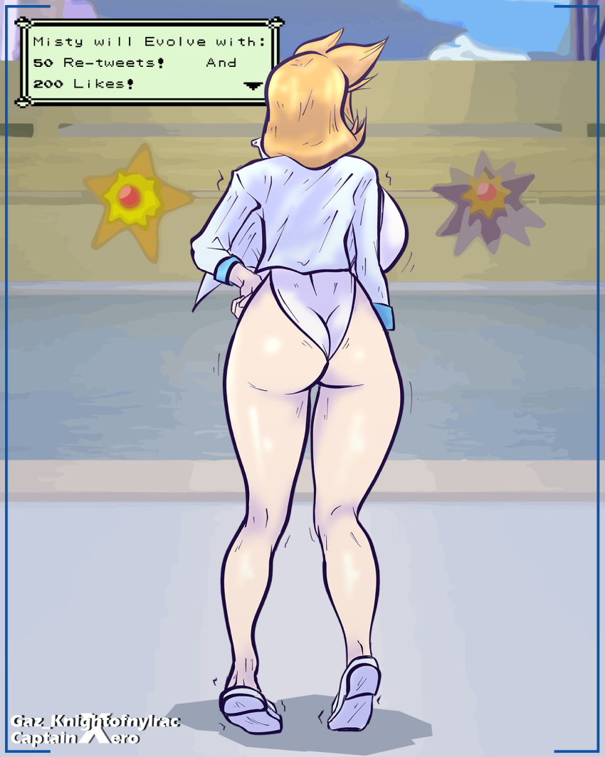 ass backboob bare_shoulders blush breasts character_name competition_swimsuit cowboy_shot creatures_(company) english_text eyebrows female female_focus from_behind full_body furry game_freak gameplay_mechanics gaz-knightofnylrac gen_1_pokemon groin hand_on_own_hip highleg highleg_leotard highres huge_ass huge_breasts jacket kasumi_(pokemon) kneepits large_breasts legs leotard long_hair long_sleeves looking_at_viewer misty_(pokemon_hgss) navel nintendo one-piece_swimsuit open_clothes open_jacket orange_hair pokemon pokemon_hgss sandals shiny_skin shirt shoes short_hair simple_background smile solo sportswear standing starmie staryu swimsuit thick_thighs thighs thong thong_leotard tiptoes track_jacket trembling white_jacket white_leotard white_one-piece_swimsuit wide_hips