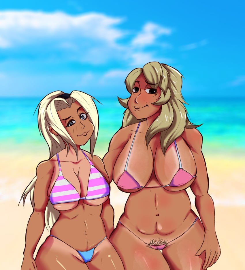 2girls amelia_medici belly big_breasts bikini bimbo filia_(skullgirls) mother multiple_girls older_female pre-samson_filia pubic_hair rallyrio skullgirls sunlight