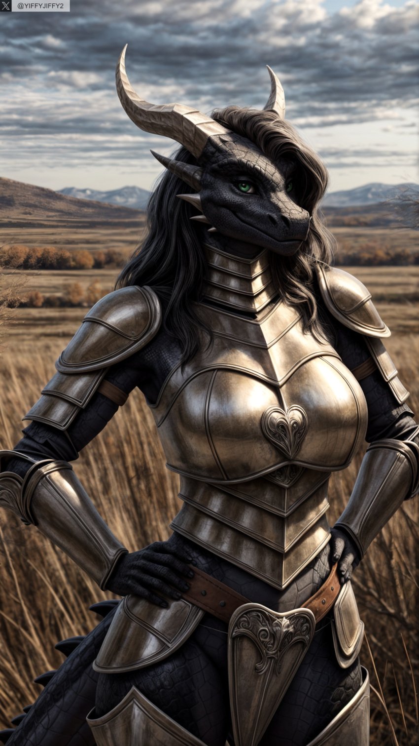 ai_generated anthro armor artist_name belt black_hair breastplate chainmail cloud colored_skin day dragon_girl dragon_horns dragon_tail female female_anthro furry furry_female green_eyes grey_skin hands_on_hips hi_res high_resolution highres horns long_hair outdoors photorealistic plate_armor realistic reptile scales scalie shoulder_armor sky solo stable_diffusion tail twitter twitter_username watermark yiffyjiffy2 yiffyjiffy69