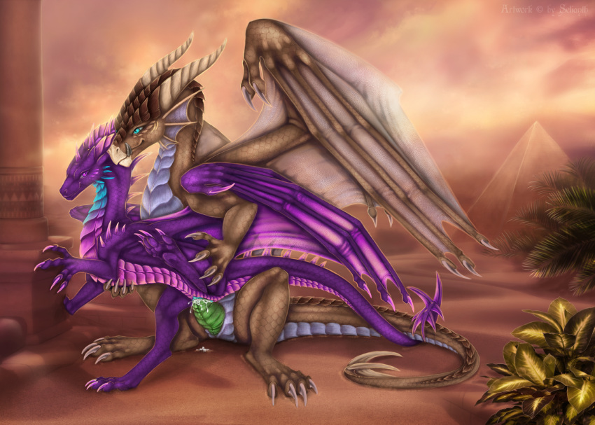 2018 blue_eyes blue_pussy brown_scales cum cum_in_pussy cum_inside detailed_background dragon duo female feral from_behind_position hi_res male membranous_wings penetration purple_eyes pussy scales scalie selianth sex straight vaginal_penetration western_dragon wings