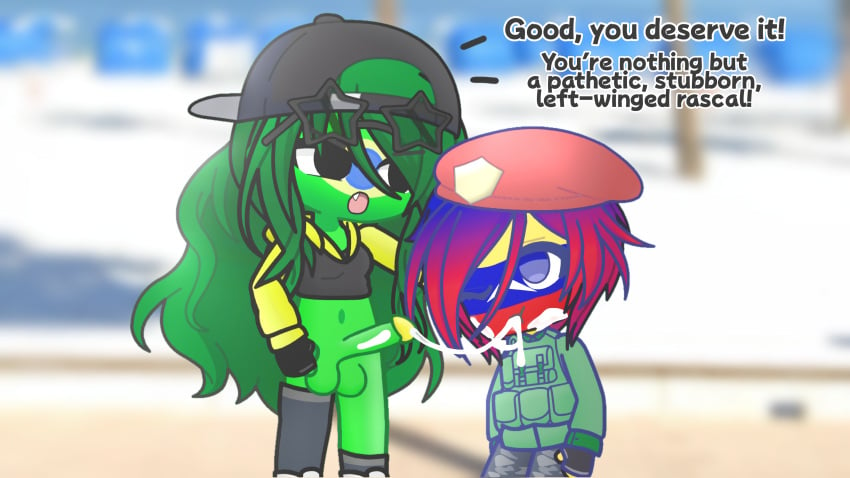 1boy 1futa after_blowjob angry beach big_penis brazil_(countryhumans) countryhumans countryhumans_girl cum cum_in_mouth dialogue edit english_text futa_on_male futanari gacha gacha_life gacha_life_2 glasses_on_head green_hair green_skin hat highres long_hair looking_at_another military_uniform one_eye_closed open_mouth penis red_hair sidewalk standing text venezuela_(countryhumans)