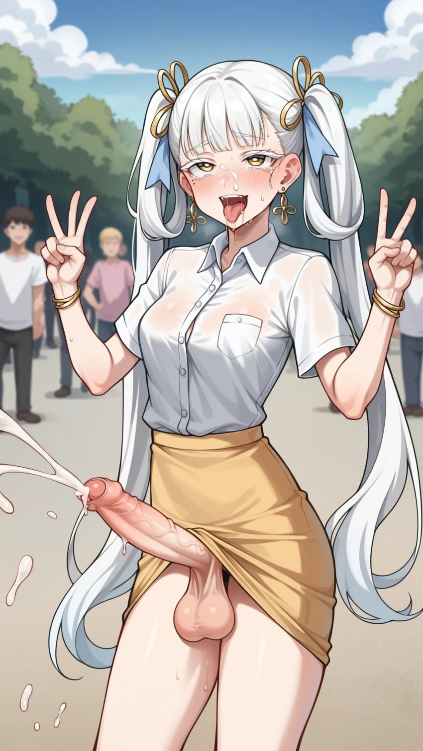 1futa ahe_gao ai_generated cum dickgirl ejaculation futanari gold_skirt jinhsi_(wuthering_waves) pencil_skirt penis slitless_pencil_skirt testicles tight_pencil_skirt twintails white_shirt wuthering_waves yuuki_snow