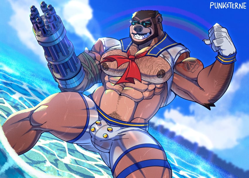 abs alternate_species anthro barazoku barret_wallace beach bear big_pecs bikini body_hair brown_body brown_fur chest_hair clothing eyewear facial_hair final_fantasy final_fantasy_vii flexing flexing_bicep fur furrification glasses grin gun_arm hi_res japanese_uniform male male_only mammal moustache muscular muscular_anthro muscular_male nipples pecs pubes school_uniform semi-transparent smile solo square_enix swimwear thick_thighs two-piece_swimsuit uniform vier_punksterne wet