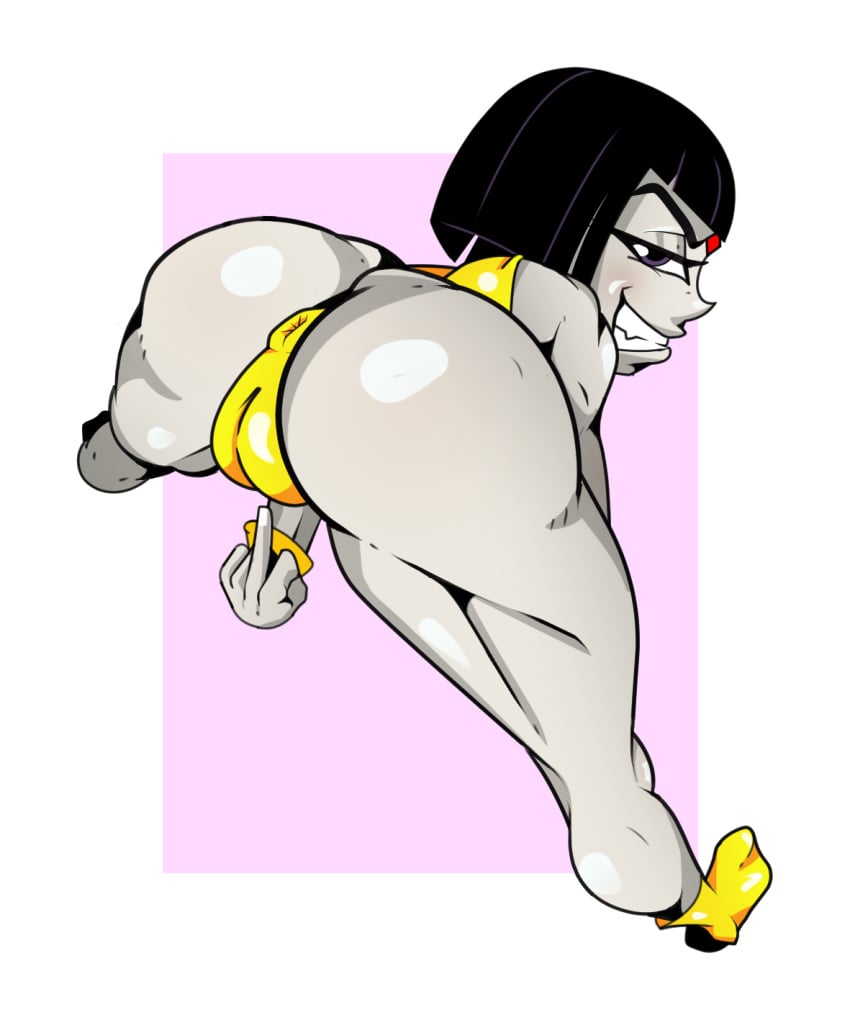 1girls anus ass bob_cut bodysuit cameltoe cartoon_network dc dc_comics exclamation(artist) female lady_legasus legs leotard looking_at_viewer looking_back middle_finger muscle muscles perspective rachel_roth raven_(dc) shortstack teen_titans teen_titans_go teenager workout