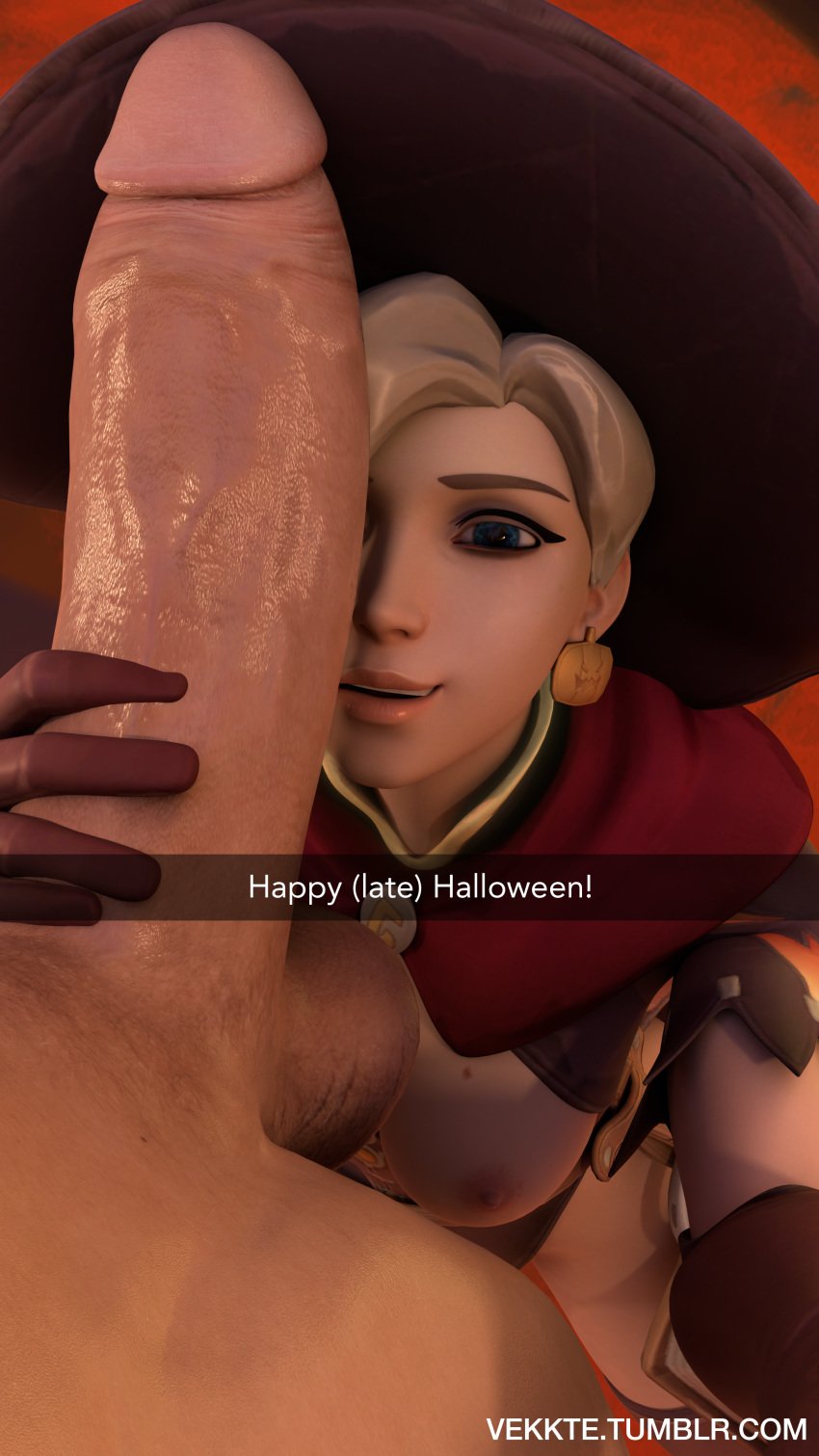 3d absurdres alternate_costume areolae balls blender blonde_hair blue_eyes breasts erection female highres huge_cock looking_at_viewer male mercy nipples overwatch penis reinhardt snapchat straight testicles vekkte witch_hat witch_mercy