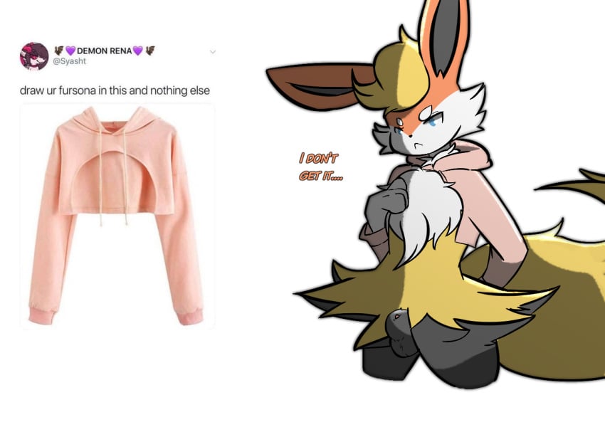 1boy animal_genitalia anthro ask_blog big_ears blaketheflareon blaketheflareon_(character) blue_eyes bottomless braixen canine clothed clothing dialogue eeveelution english_text flareon fur furry fusion half-closed_eyes hoodie hybrid long_ears male male_only mammal meme nintendo original_character penis pink_clothing pink_topwear pokémon_(species) pokemon pokemon_(species) pokemon_rgby pokemon_xy sheath skimpy solo standing tail testicles text twitter_hoodie video_games