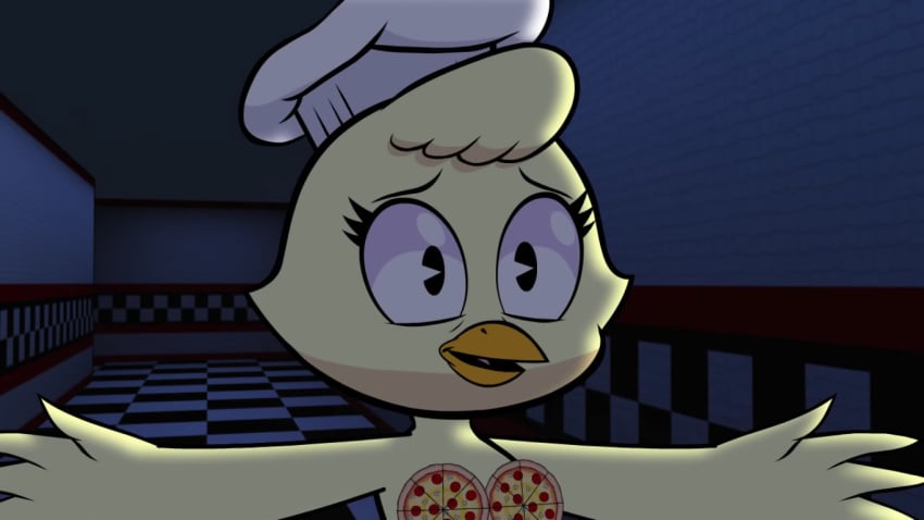 1girls anthro avian beak black_eyes censored chef_hat chica_(fnaf) fazbear_&_friends female female_only five_nights_at_freddy's furry hotdiggedydemon hotdiggedydemon_(artist) robot_girl screenshot small_breasts smile solo topless youtube