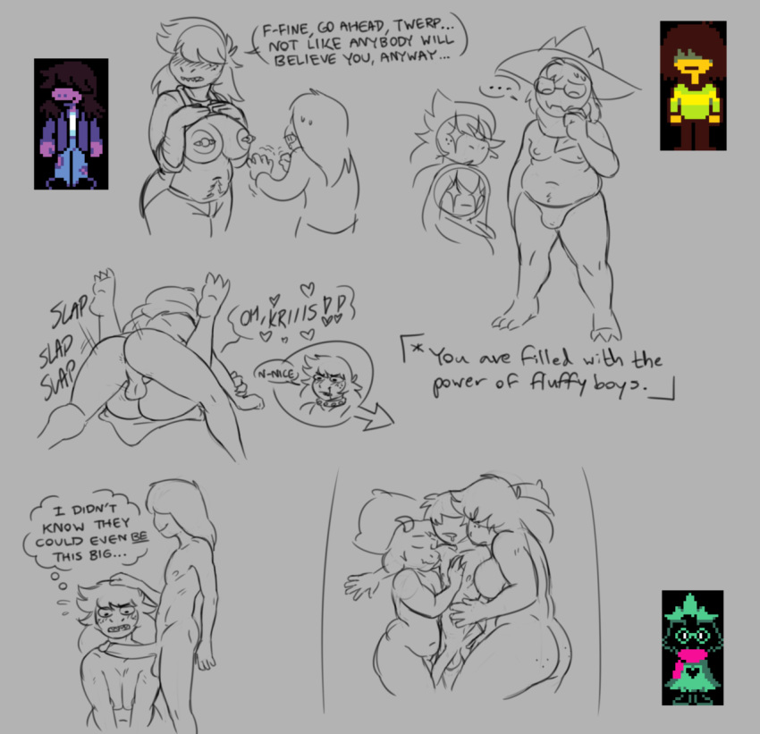 anus balls breasts chubby deltarune flashing kabrro kris_(deltarune) monochrome nipple_piercing nipples penis pubic_hair ralsei susie_(deltarune) threesome vaginal_penetration