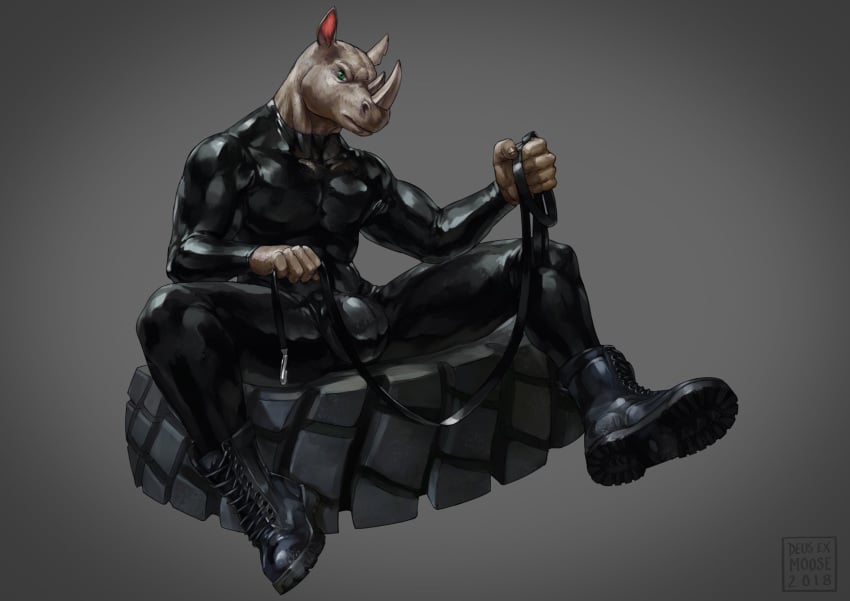 anthro bodysuit boots bulge clothing collar deusexmoose footwear leash male male_only mammal rhinoceros rubber solo tight_clothing tire