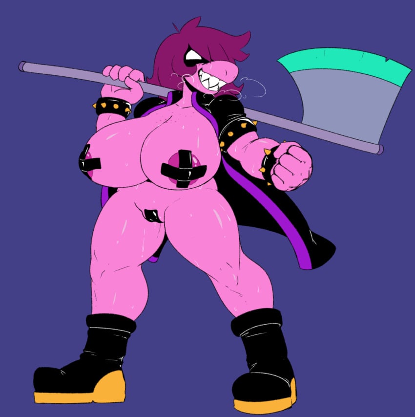 breasts confident deltarune female footwear huge_breasts nipple_tape nipples outerwear pussy_tape reiduran susie_(deltarune) sweat taped_nipples taped_pussy weapon