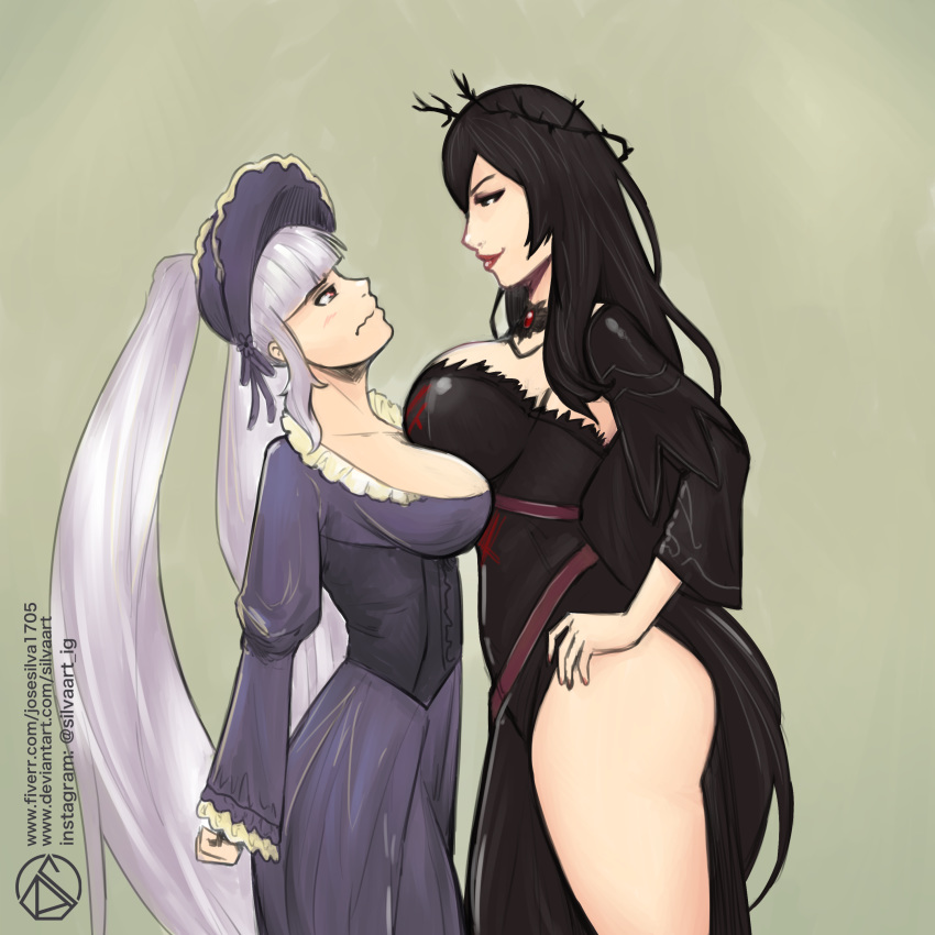 2girls black_hair breast_press dress dungeon_and_fighter dungeon_fighter_online female hat large_breasts long_hair looking_down looking_up side_slit silvaart silver_hair silver_light_tagor twintails zealous_dieuleve