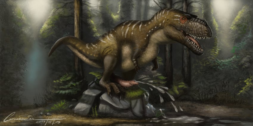 albertosaurus animal_genitalia carnosaurian cum cum_on_ground cum_pool dinosaur ejaculation erection excessive_cum feral fossilpixel improvised_sex_toy looking_pleasured male masturbation moss multicolored_skin nubbed_penis open_mouth penis rock scalie sharp_teeth standing teeth theropod tongue tree