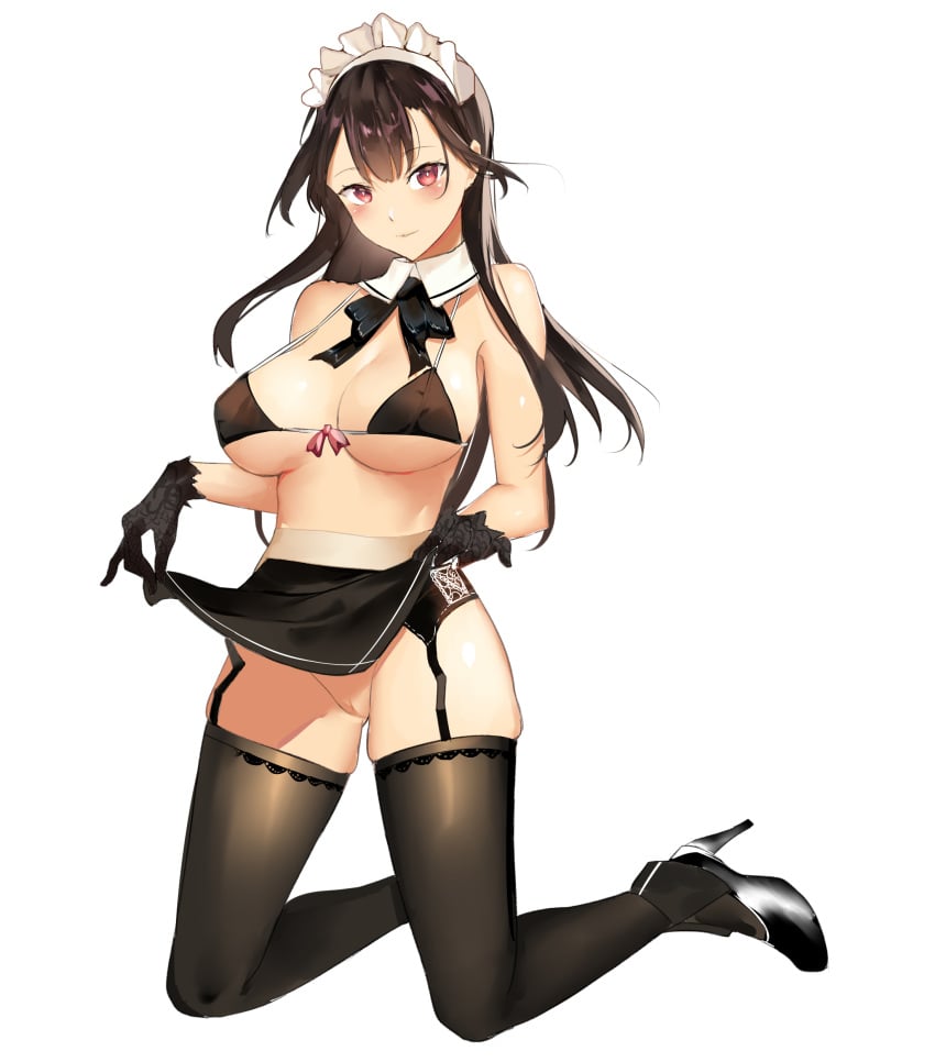 112san 1girls absurdres apron apron_lift bangs bare_shoulders black_apron black_bikini_top black_footwear black_gloves black_hair black_legwear blush breasts decensored detached_collar eyebrows_visible_through_hair female front_view full_body garter_belt garter_straps gloves high_heels highres kneeling large_breasts lifted_by_self long_hair looking_at_viewer maid maid_bikini maid_headdress midriff no_panties original pussy red_eyes revealing_clothes self_exposure shoes simple_background solo strap_gap thighhighs third-party_edit underboob waist_apron white_background