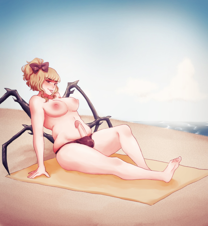 beach female futa_only futanari insect_girl intersex orz_(kagewaka) penis spider_girl spider_legs tongue tongue_out topless