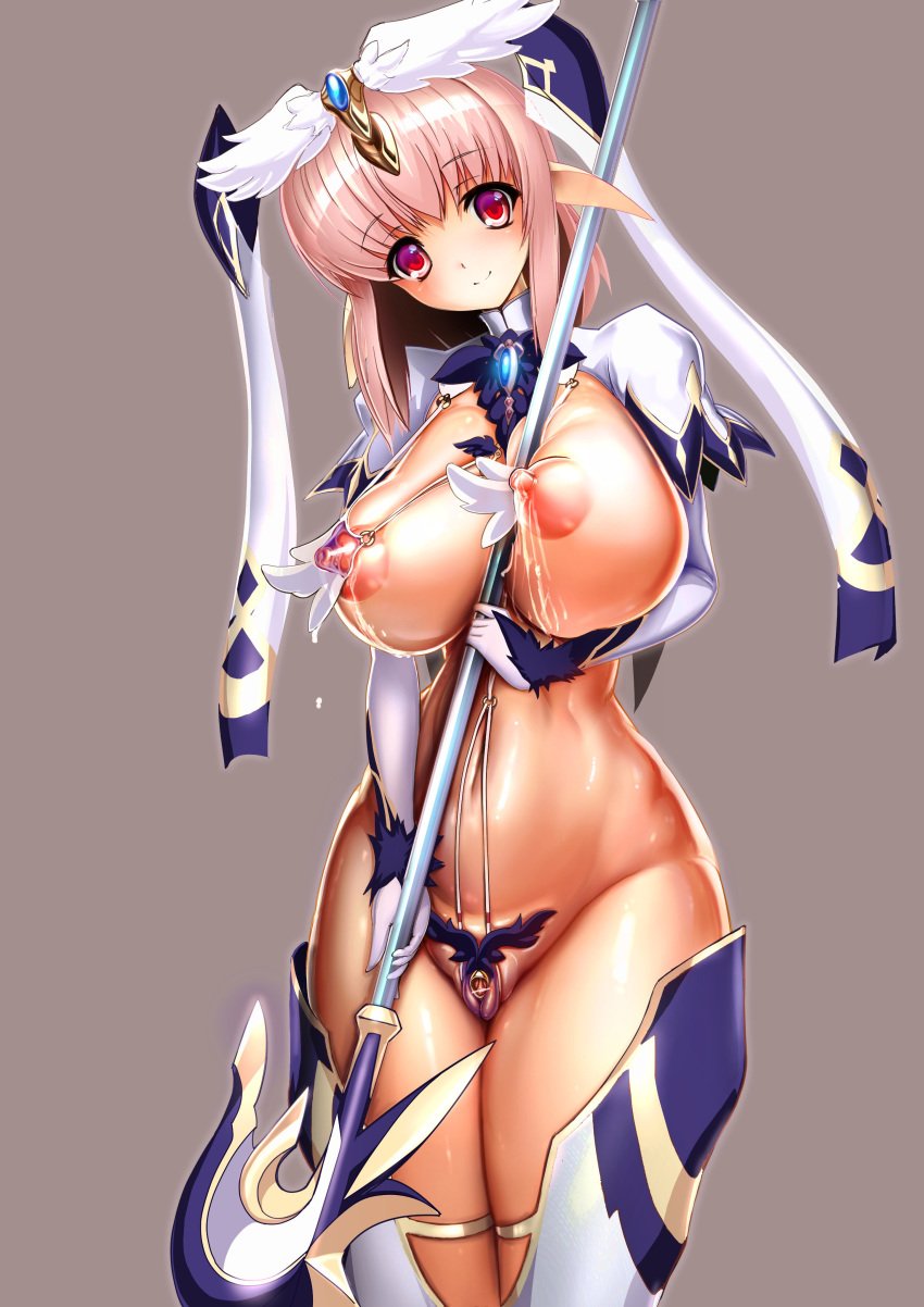 absurdres blush breasts cameltoe censored erect_nipples exposed_clitoris female g_y_t highres lactation large_breasts looking_at_viewer navel nipples pink_eyes pink_hair pointless_censoring pointy_ears pussy revealing_clothes smile solo staff