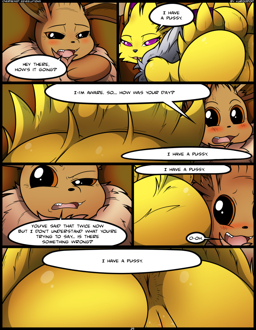 1boy 1girls absurd_res anus ass big_ass big_butt black_border blush border brown_eyes brown_fur canine casual_nudity close-up comic edit eevee eeveelution english_text eyelashes female feral foreshortening fur furry half-closed_eyes hi_res interspecies jolteon kuroodod long_ears looking_at_viewer looking_back male mammal nintendo nude on_back open_mouth original_character oversexed_eeveelutions page_25 pokémon_(species) pokemon pokemon_(species) pokemon_rgby presenting presenting_hindquarters purple_eyes pussy rear_view sam_(kuroodod) sloth_(kuroodod) smile source_request speech_bubble straight teeth text thick_thighs tongue video_games vulgar watermark wide_hips yellow_fur