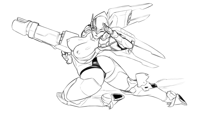 anythinggoes ass big_breasts black_and_white breasts female line_art monochrome nipples one_eye_closed overwatch panties pharah rocket salute shiny solo tagme tattoo thong weapon