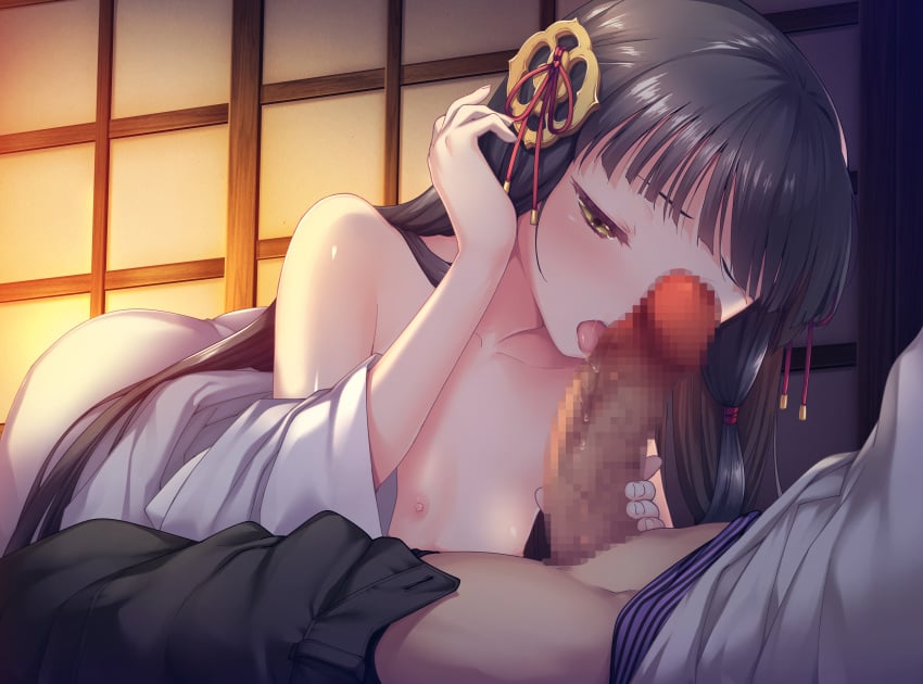 1boy 1girls absurd_res areolae ass bare_shoulders big_penis black_hair blush censored deep_one_(game) erection fellatio female flat_chest game_cg half-closed_eyes highres hinamori_saya indoors japanese_clothes licking long_hair lying mosaic_censoring nameless_(circle) natsuhiko nipples no_bra open_clothes oral pants_down penis penis_lick saliva solo_focus tongue yellow_eyes