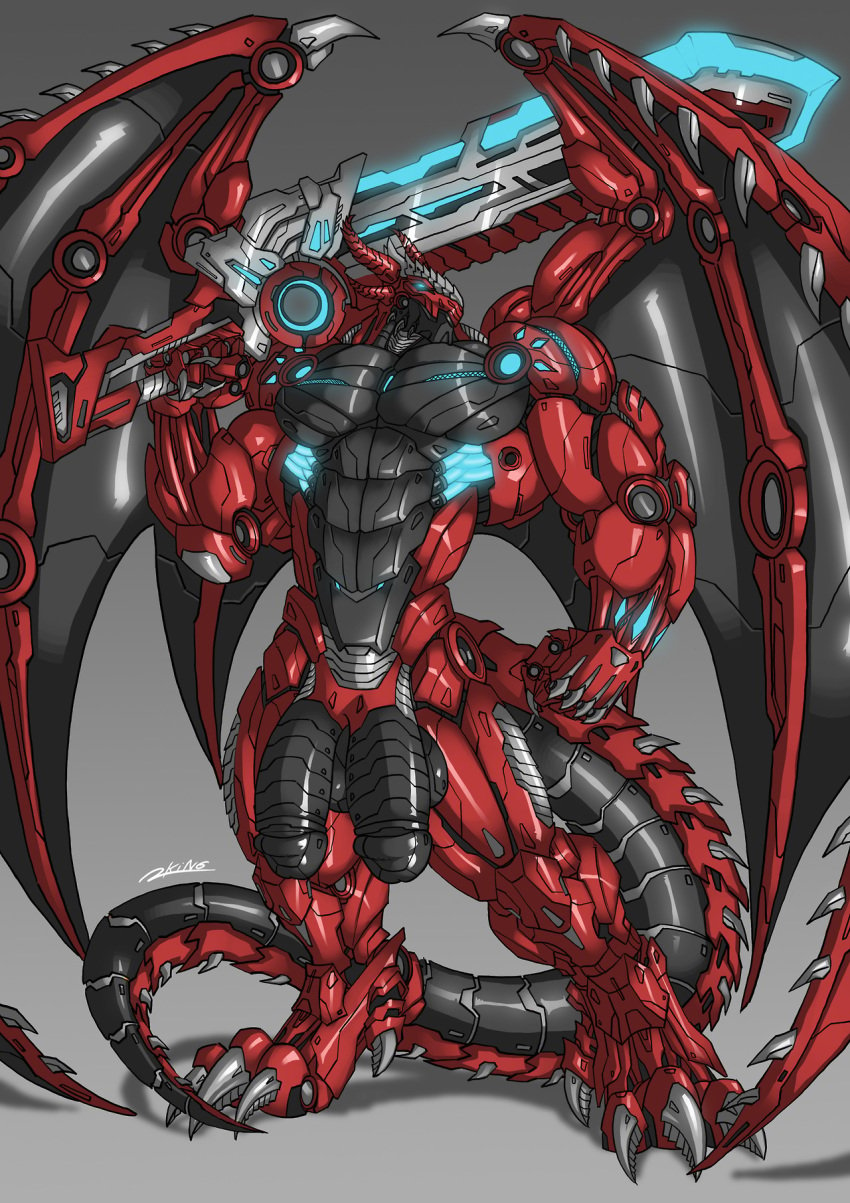 anthro balls big_penis cybernetics cyborg diphallia diphallism dragon flaccid machine male male_only melee_weapon multi_penis muscular muscular_male nude penis rhinoking solo standing sword weapon wings