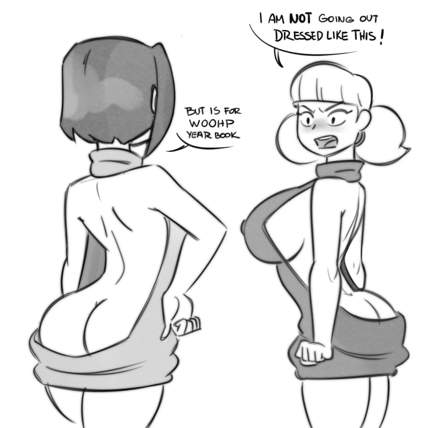 aged_up angry arched_back ass bare_back bare_shoulders big_breasts blush breasts crossover embarrassed hand_on_hip inspector_gadget jackie_chan_adventures jade_chan penny_gadget samson_00 sideboob virgin_killer_sweater