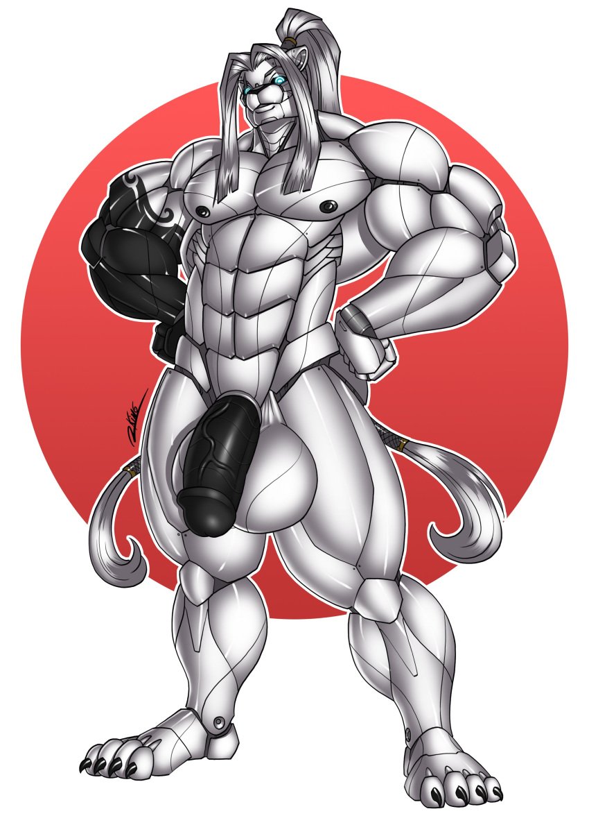 anthro balls big_balls big_penis cybernetics cyborg feline flaccid hands_on_hips humanoid_penis lion looking_at_viewer machine male male_only mammal muscular muscular_male nude penis rhinoking smile solo standing vein