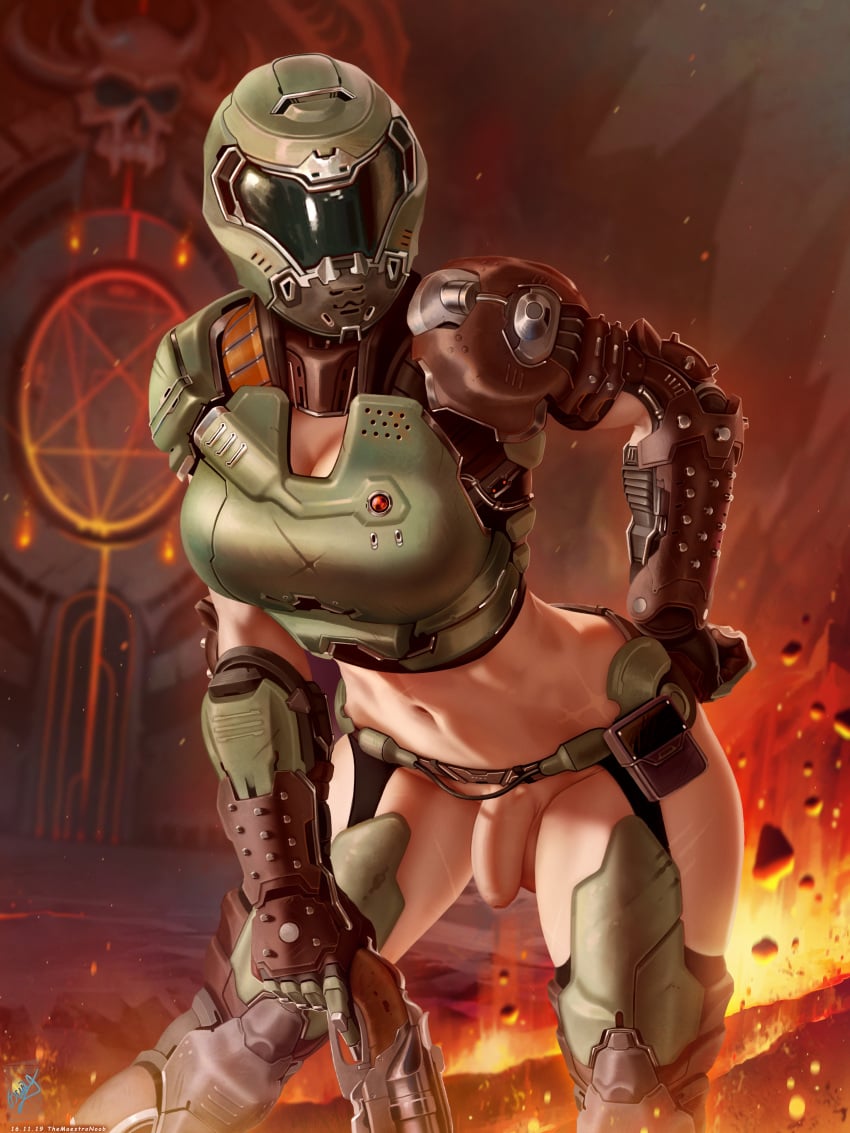 1futa 2019 absurd_res armor balls belt blonde_hair bottomless breasts casual cleavage curvy dated doom doom_slayer_(doom) double-barreled_shotgun exposed firearm fit flaccid flaccid_penis futa_only futa_sans_pussy futanari gauntlets genderswap_(mti) greaves gun helmet highres human large_breasts penis realistic rule_63 short_hair shotgun solo source_request text themaestronoob thick_thighs thighs watermark weapon wide_hips