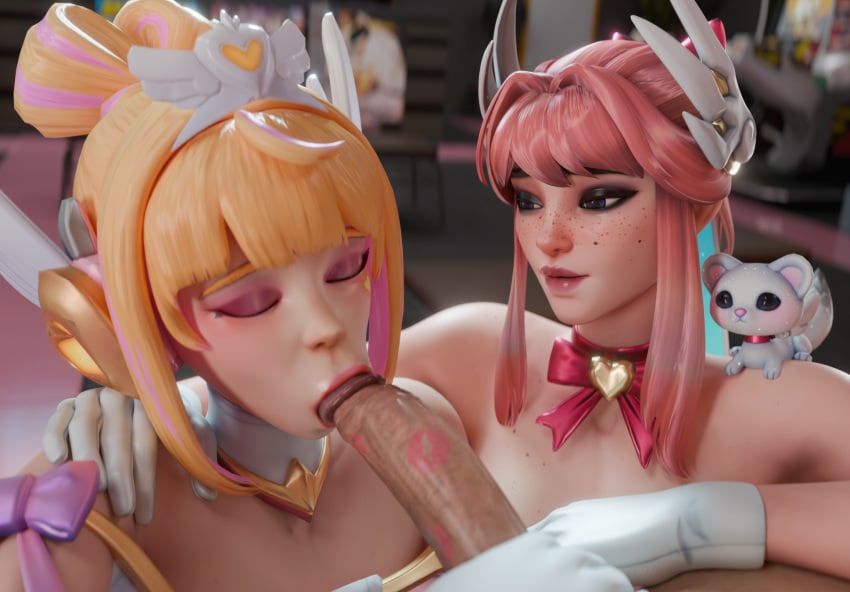 2girls akine blonde_hair blowjob closed_eyes dokiwatch fellatio freckles freja_(overwatch) heart_of_courage_freja heart_of_hope_juno juno_(overwatch) kiss_mark looking_at_another looking_pleasured overwatch overwatch_2 pink_hair purple_eyes small_breasts