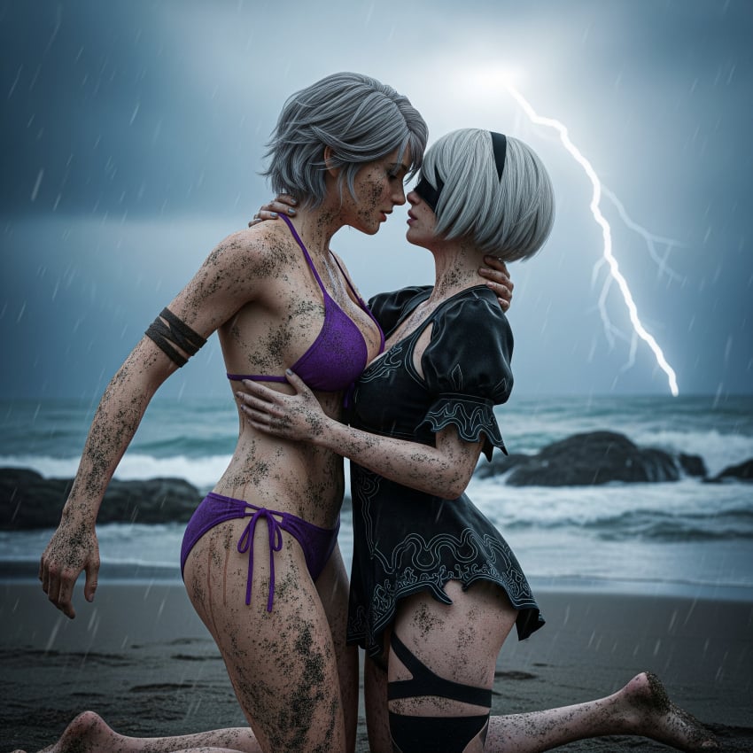 ai_generated beach bikini blindfold ciri dirty female lightning_bolt nier nier:_automata nier_(series) raining sand the_witcher_(series) the_witcher_3:_wild_hunt thunder yorha_2b