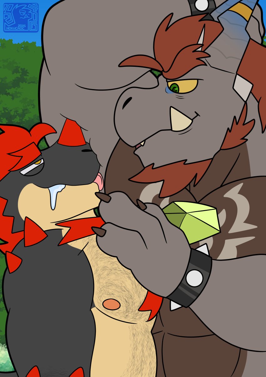 absurd_res anthro armpit_fetish armpit_lick armpit_play barboros_(anothereidos_r) dragon emmanuelin_(emmanuelin13) hair hand_on_chest hi_res licking looking_at_another looking_at_partner male merge_tf multicolored_body mythological_creature mythological_scalie mythology nokucroc overweight overweight_male red_hair red_spikes scalie tongue