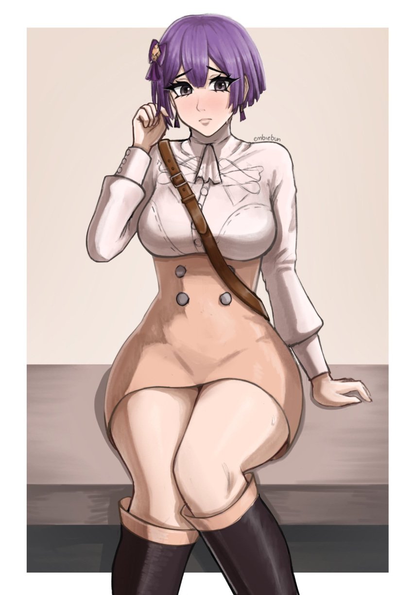 artist_signature bernadetta_von_varley bob_cut embiebun fire_emblem fire_emblem:_three_houses hips kneehighs light-skinned_female light_skin post-timeskip purple_eyes purple_hair short_skirt sitting thick_thighs thighs