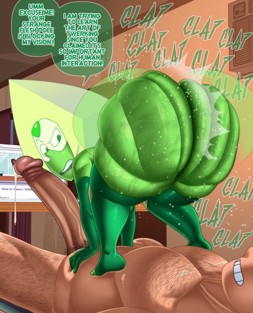 1boy 1girls ass ass_clapping balls big_ass big_penis body_hair bottom_heavy bubble_butt clapping_cheeks dat_ass dialogue doompypomp fat_ass female gem_(species) green_skin huge_ass human large_ass male massive_ass nude nude_female nude_male penis peridot_(steven_universe) rippling_ass shortstack smile steven_universe sweat sweatdrop sweaty_ass sweaty_body text thick_ass thick_thighs twerking visor wide_hips