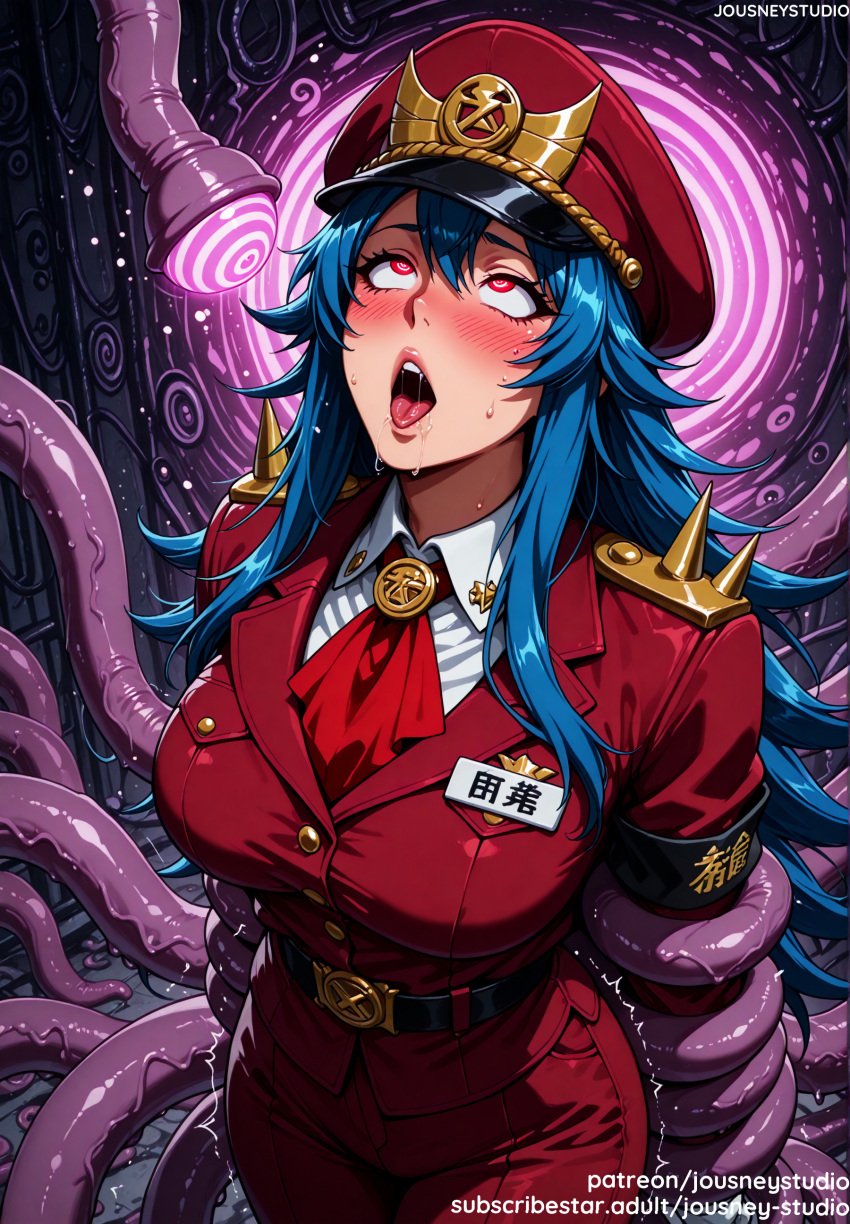 ahe_gao ai_generated armband arms_behind_back bangs belt black_belt blue_hair blush breasts clothing collared_shirt english_text female female female_only gloves hair_between_eyes hajime_sugoroku hat headwear heart heart-shaped_pupils hypnosis jacket jousneystudio large_breasts long_hair long_sleeves looking_up military military_uniform mind_control momoko_hyakushiki nanbaka open_mouth pants peaked_cap red_eyes red_headwear red_jacket red_pants restrained rolling_eyes saliva shirt shoulder_spikes solo spikes sweat symbol-shaped_pupils teeth tentacle tentacle_sex text thighs tongue tongue_out uniform white_shirt