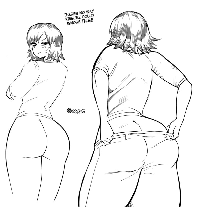 bare_ass curvy english_text female from_behind initial_d kyoko_iwase large_ass line_art looking_back medium_hair monochrome ocerius provocative_pose pulling_down_pants t-shirt text tight_clothes without_pants